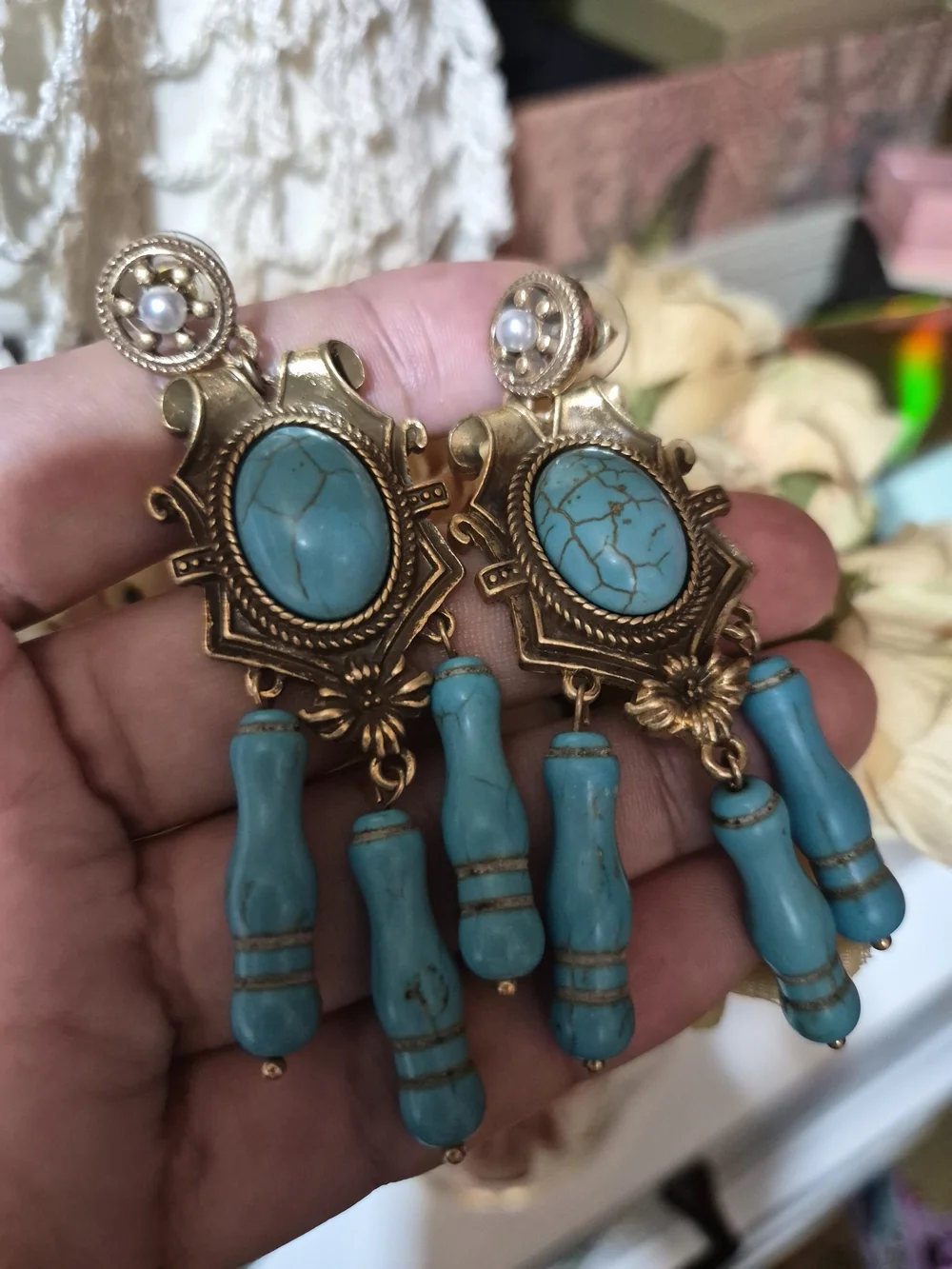 Gold-Tone Turquoise Drop Earrings — Bohemian Blue Statement